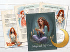 Magickal Self-Care pages with a woman holding a candle on a wooden surface.