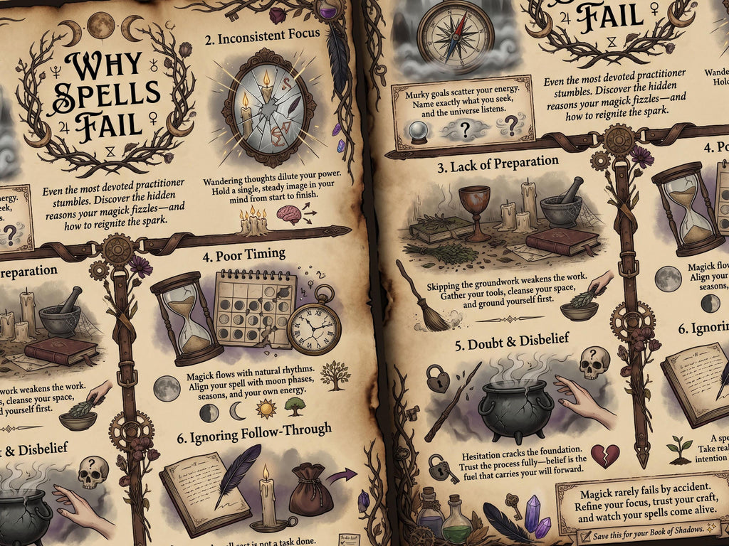 Illustrated pages titled 'Why Spells Fail' with various spells and tools.