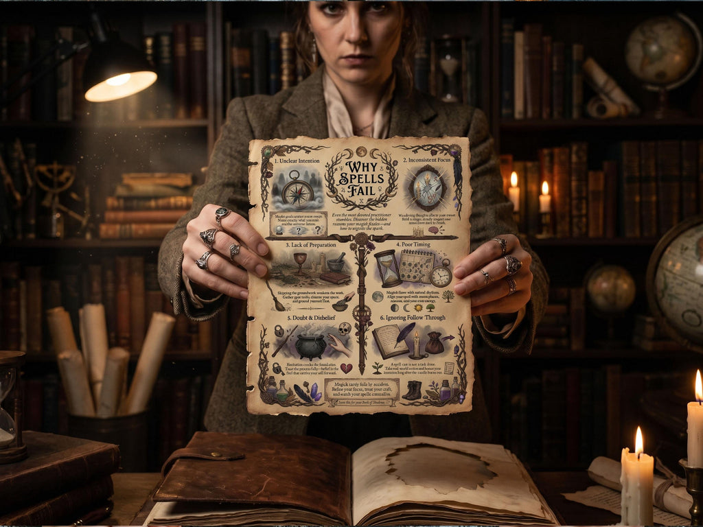 Witchy dark acadamia Woman holding a an ancient Book of Shadow page titled Why Spells Fail, in a library setting