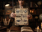 Witchy dark acadamia Woman holding a an ancient Book of Shadow page titled Why Spells Fail, in a library setting