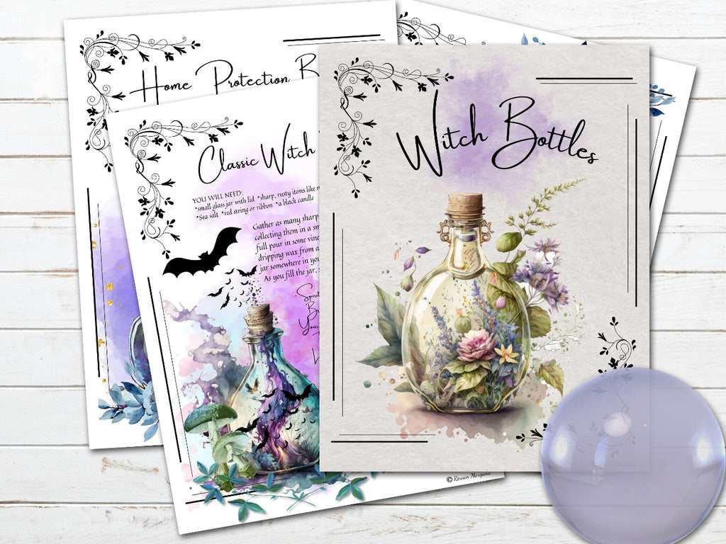 Pages from a grimoire featuring illustrations of witch bottles and text on a wooden surface.