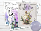 Pages from a grimoire featuring illustrations of witch bottles and text on a wooden surface.