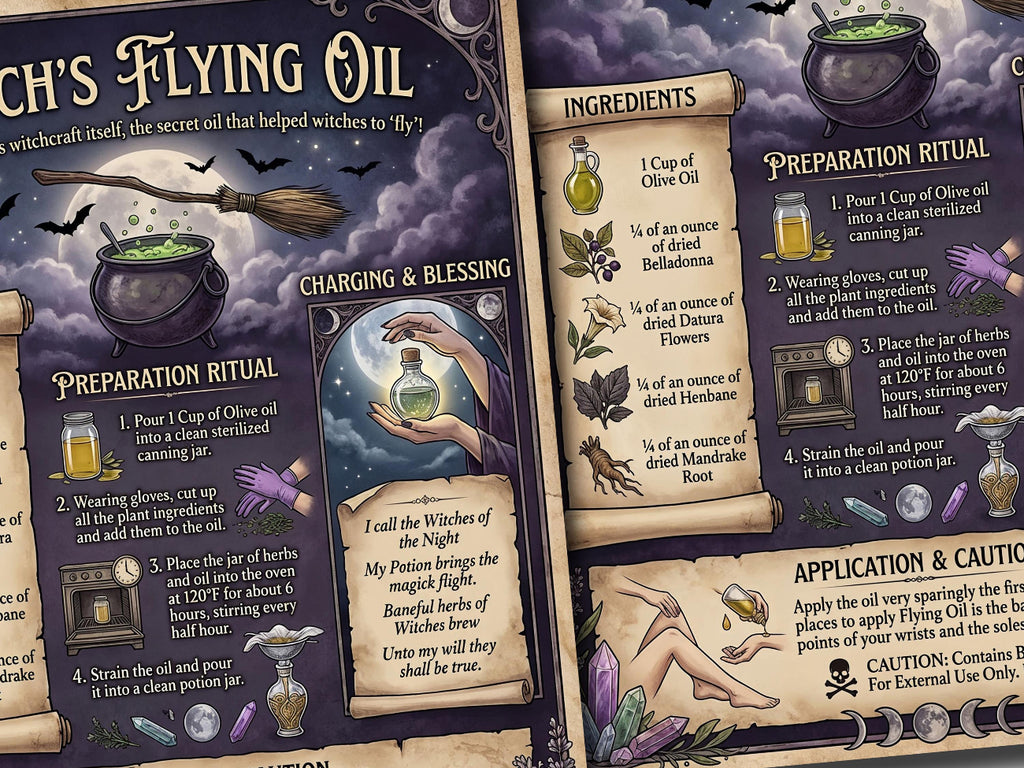 Witch's Flying Oil: Kitchen Witchcraft Infographic, Spellcasting Oil Recipe for your Book of Shadows