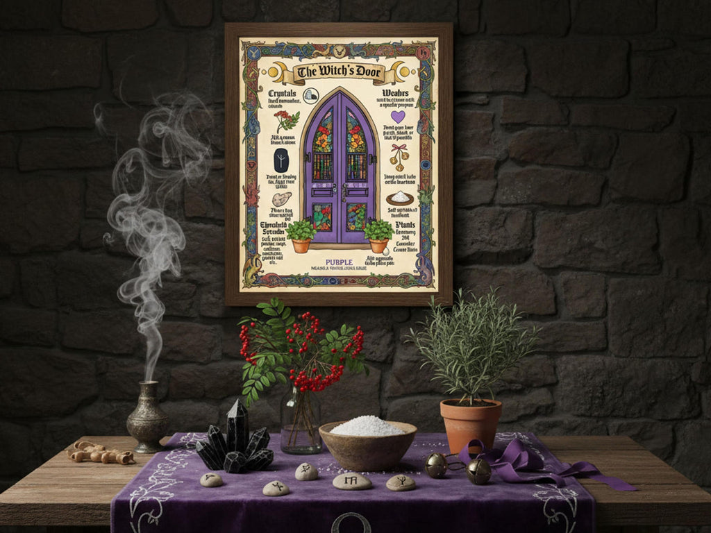 Decorative poster of a purple door on a stone wall with a small altar below.