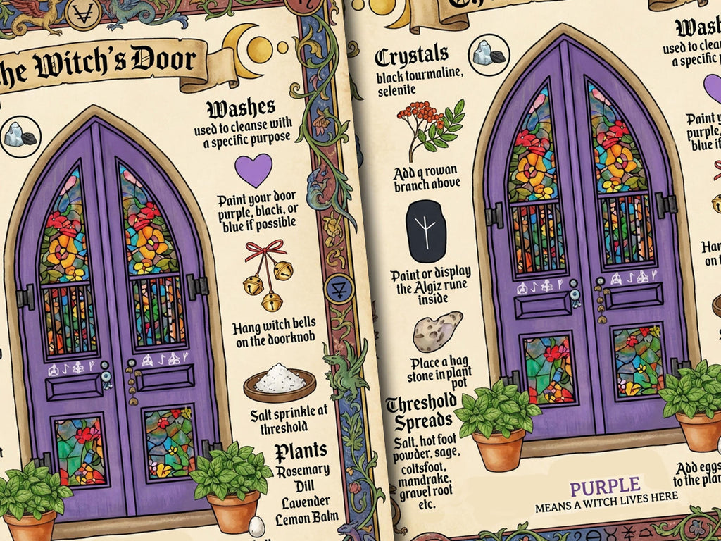 Decorative illustration of a purple door with stained glass windows, surrounded by plants and magical symbols.