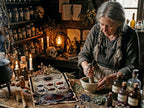Older witchy woman in a mystical setting with potions and herbs, holding a pestle and mortar.