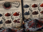 Witch's gunpowder page with illustrations of spices and text on a dark background