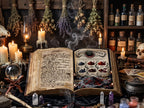 Open book of shadows with magical recipe about how to make Witch's Gunpowder, surrounded by candles, bottles, and herbs in a mystical setting.