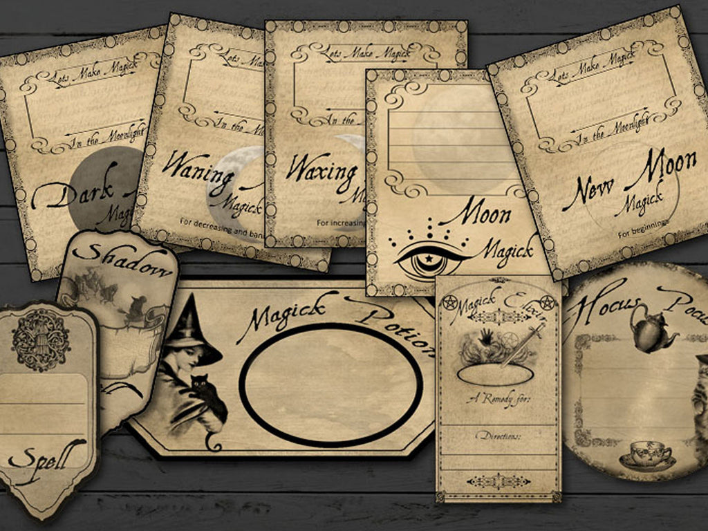 Vintage-style spellbook labels with magical text and illustrations on a wooden surface.
