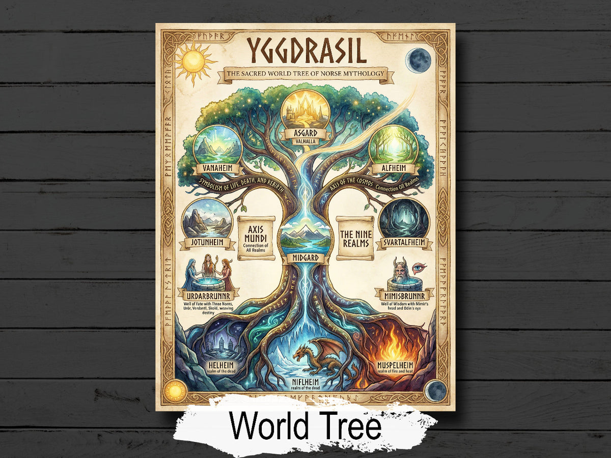Yggdrasil: The World Tree Spellbook Page, Norse Mythology Art parchment page.