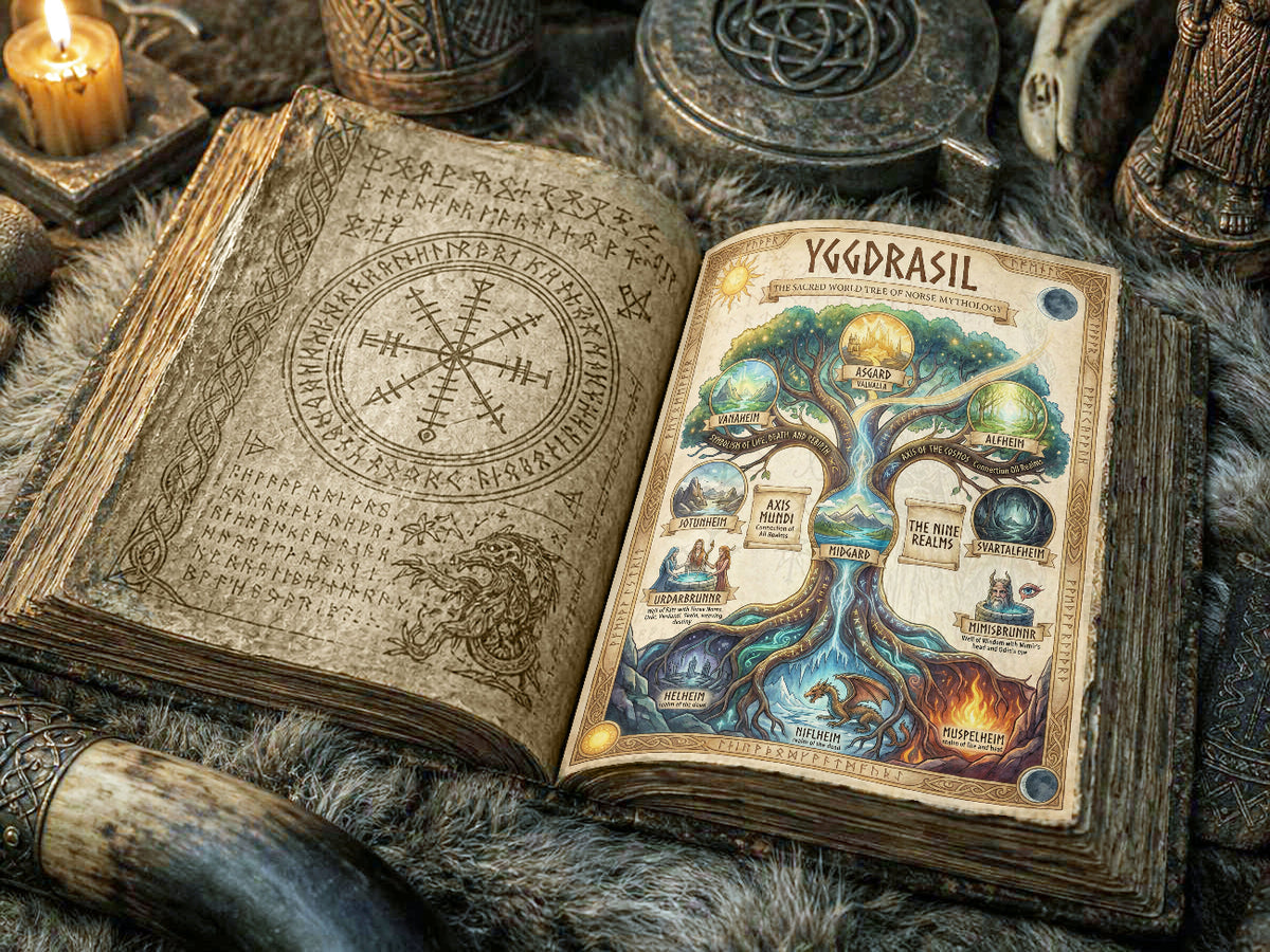 Yggdrasil: The World Tree Spellbook Page, Norse Mythology Art parchment page placed in an open Book of Shadows on a Viking Altar.