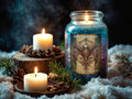 A lit glass jar candle labeled 'Solar Resurgence' stands on white faux snow beside two white pillar candles, pinecones, and evergreen branches in a dark moody setting.