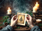 A person holds a small parchment-style card titled "The Sacred Journey" in front of a dark, atmospheric background with lit candles, pinecones, evergreen branches, and smoky mist.