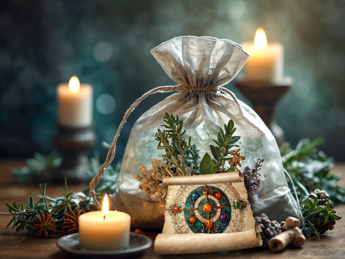 A silver drawstring gift bag filled with dried botanicals sits on a wooden surface, styled with lit candles, pinecones, and a decorative illustrated scroll.