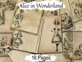 Collage of 'Alice in Wonderland' themed pages with illustrations and text.