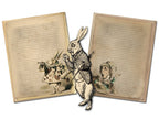 Two parchment pages of 'Alice in Wonderland' themed pages with illustrations and text.