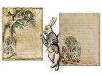 Two parchment pages of 'Alice in Wonderland' themed pages with illustrations and text.