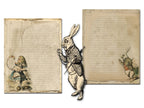 Two parchment pages of 'Alice in Wonderland' themed pages with illustrations and text.