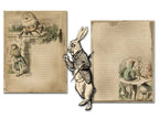 Two parchment pages of 'Alice in Wonderland' themed pages with illustrations and text.