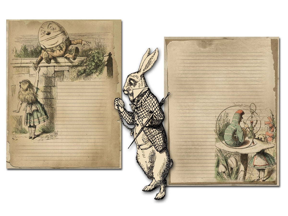 Two parchment pages of 'Alice in Wonderland' themed pages with illustrations and text.