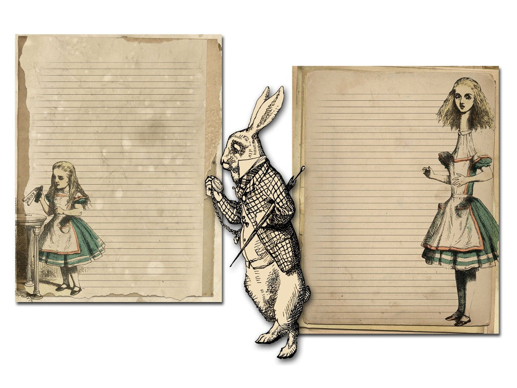 Two parchment pages of 'Alice in Wonderland' themed pages with illustrations and text.