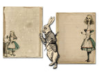 Two parchment pages of 'Alice in Wonderland' themed pages with illustrations and text.