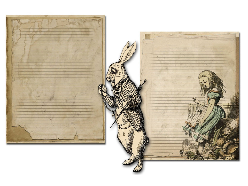 Two parchment pages of 'Alice in Wonderland' themed pages with illustrations and text.