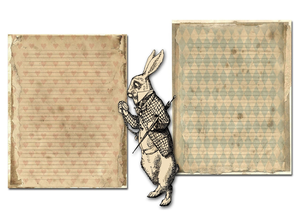Two parchment pages of 'Alice in Wonderland' themed pages with illustrations and text.