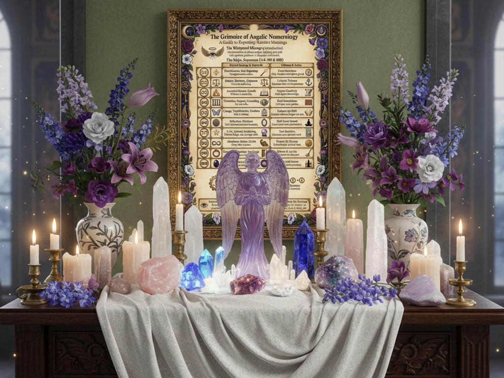 Decorative altar with angel statue, candles, and flowers against a wall with an angel chart.