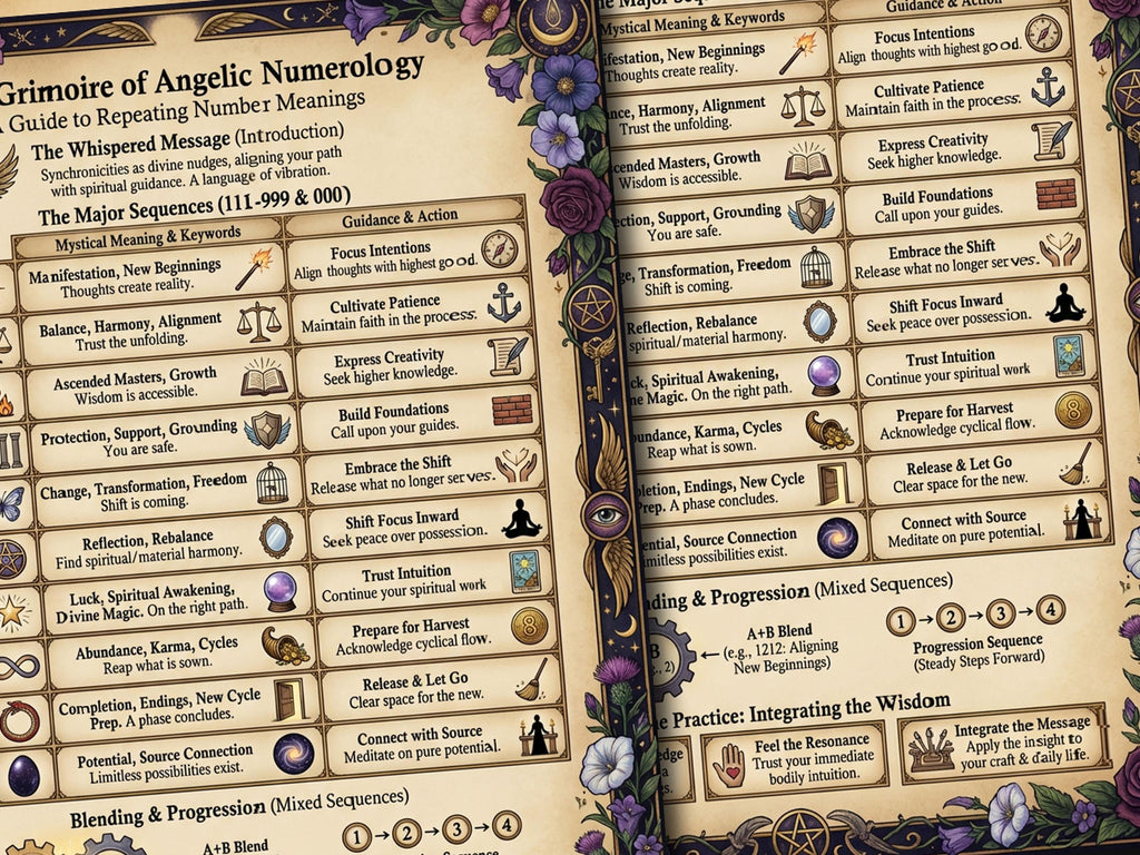 Grimoire of Angelic Numerology with text and decorative elements on a beige background