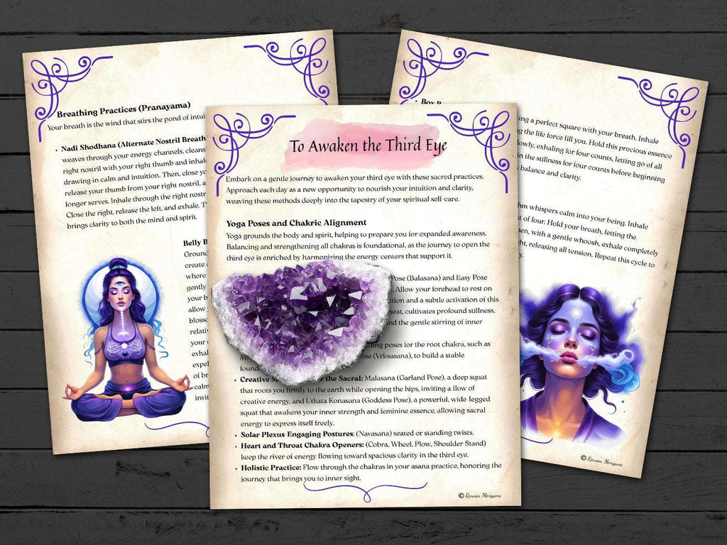 Three pages on how to awaken the third eye, on a wooden surface with text and images of a woman and crystals.