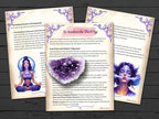 Three pages on how to awaken the third eye, on a wooden surface with text and images of a woman and crystals.