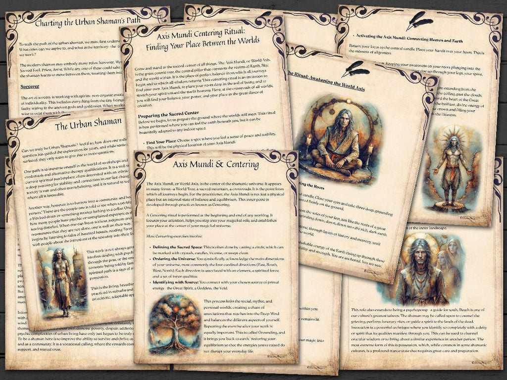 Set of shaman-themed educational pages about the axid mundi and urban shamanism, with illustrations and text on a wooden surface