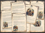 Set of shaman-themed educational pages about the axid mundi and urban shamanism, with illustrations and text on a wooden surface