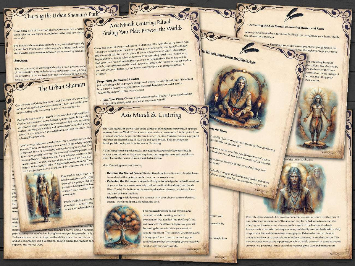 Set of shaman-themed educational pages about the axid mundi and urban shamanism, with illustrations and text on a wooden surface