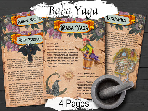 Baba Yaga themed pages with illustrations and text on a wooden background
