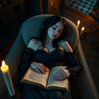 A beautiful witchy woman lays sleeping in a chair with an open Witch's Dream Book in her lap.