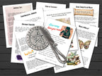 Nine pages with journal tips, organize your Book of Shadows, magickal journaling, basic concepts of wicca, and what is wicca,  on a black wood background with a pentacle and athame placed on top of them.