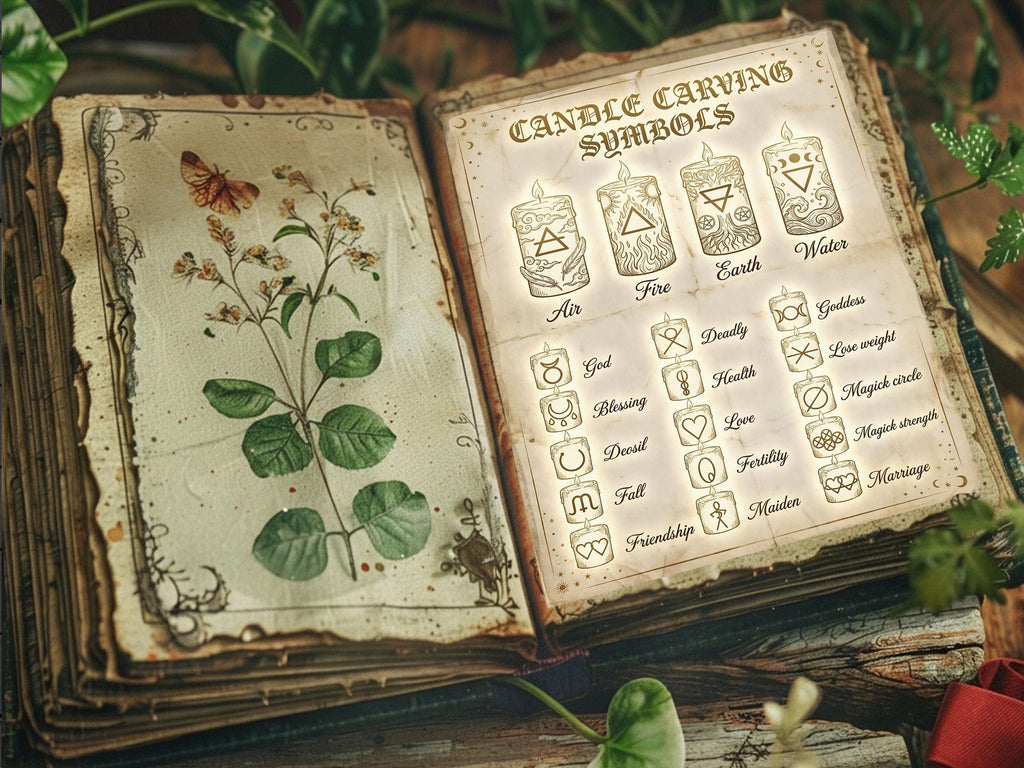 Open book with candle carving symbols and illustrations of plants and a butterfly.