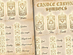 Close up Illustrations of candle carving symbols with corresponding meanings on a textured background.