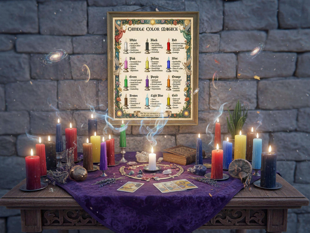 Witchcraft altar with candles, a tarot deck, and a framed chart on a stone wall background.