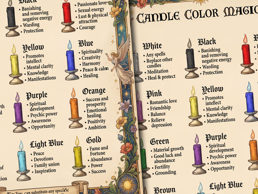Candle color magic page with illustrations of candles and corresponding meanings.