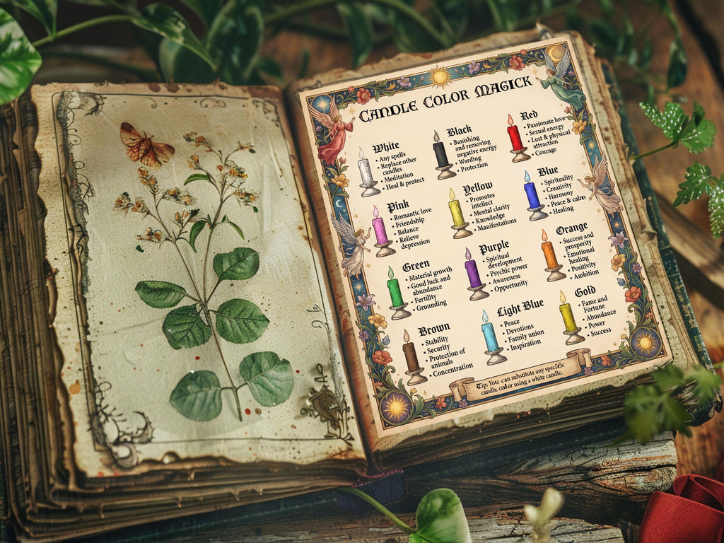 Open book of shadows with candle color magic chart and botanical illustration, surrounded by greenery.