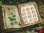 Open book of shadows with candle color magic chart and botanical illustration, surrounded by greenery.
