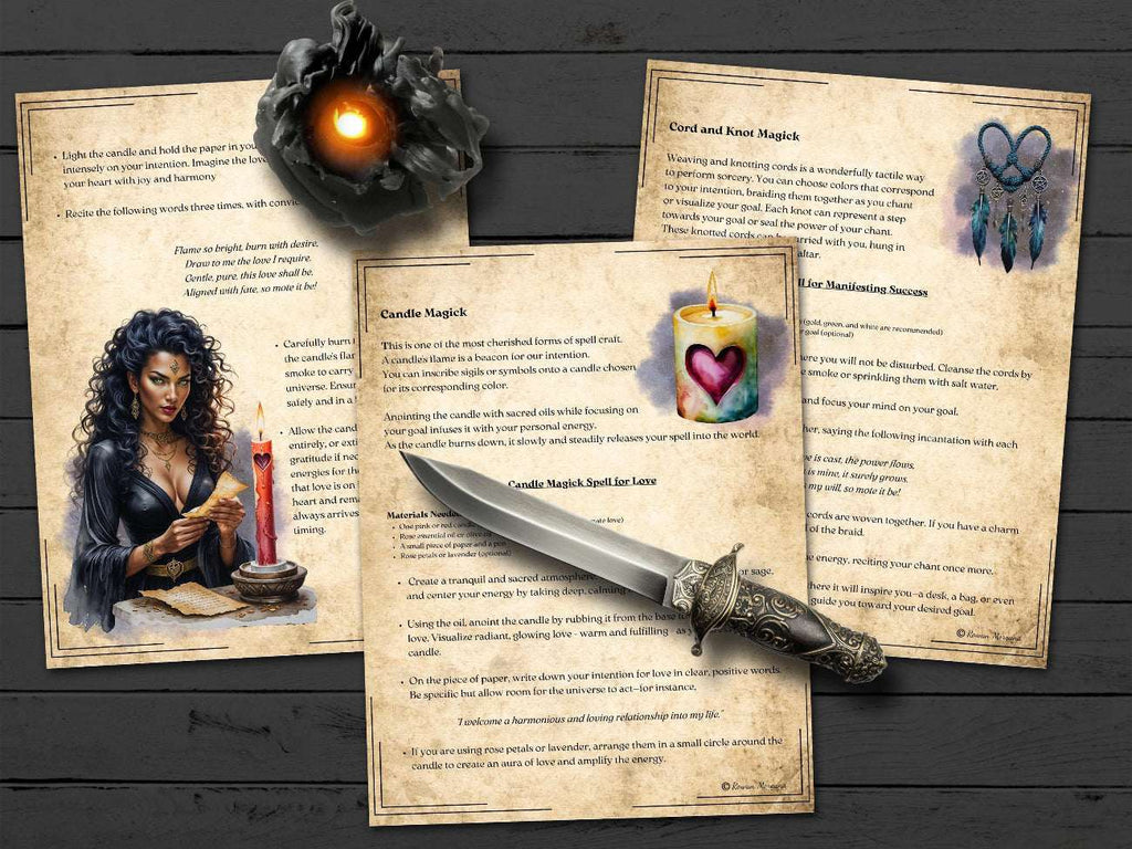 Magical spellbook pages on sorcery magick, with a dagger and candle on a wooden surface