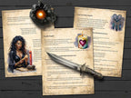 Magical spellbook pages on sorcery magick, with a dagger and candle on a wooden surface