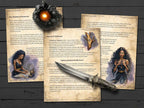 Magical book with spell pages about charms and talismans, with a dagger, and decorative elements on a dark wooden background.