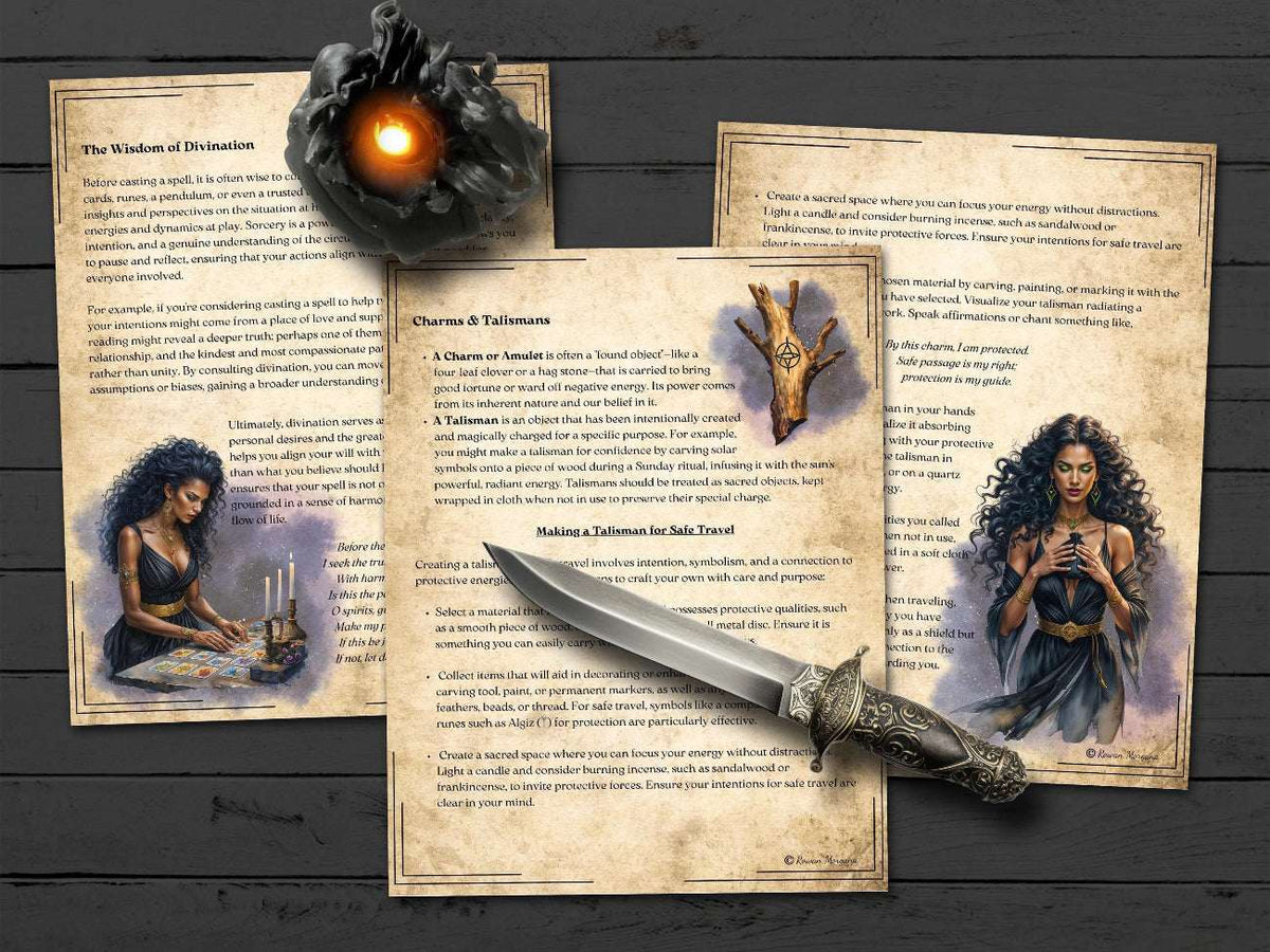 Magical book with spell pages about charms and talismans, with a dagger, and decorative elements on a dark wooden background.