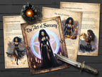 THE ART of SORCERY title page with pentacle and sorceress on a wooden background with an athame and black candle.