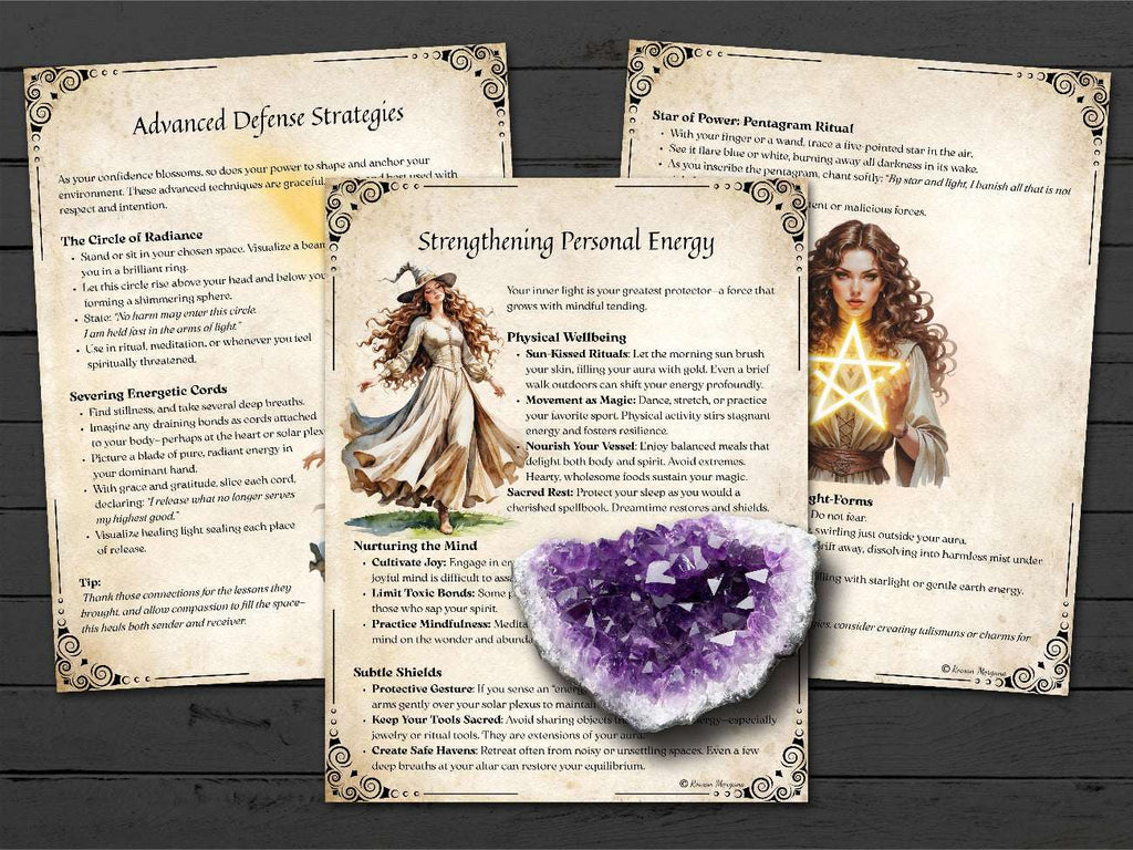 Witchcraft-themed pages on advanced sefense strategies and strengthening personal energy, on a wooden surface with text and images of a witch and amethyst crystal.